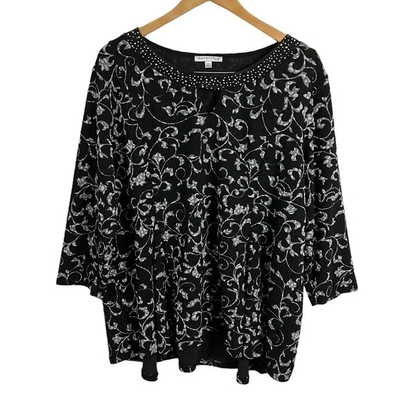 Notations Tops - Notations Black White Studded Blouse 2X Keyhole Cutout Neckline Stretch Pullover